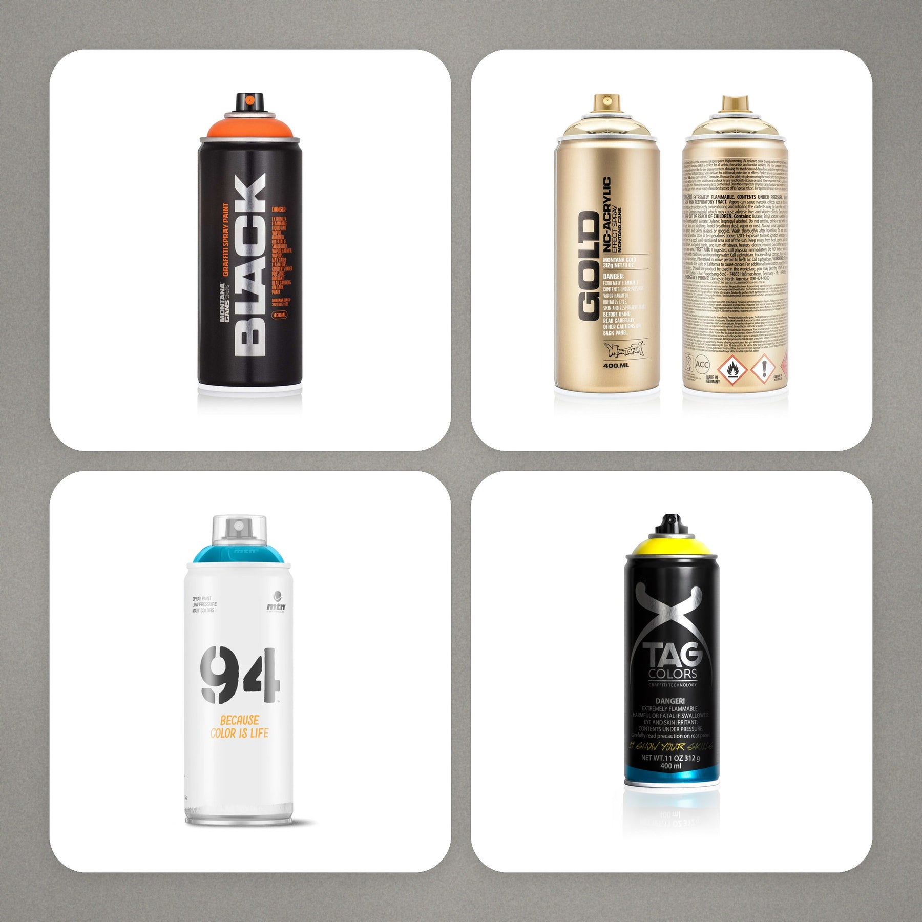 Montana Black, Montana Gold, MTN 94 and TAG Colors spray paint cans