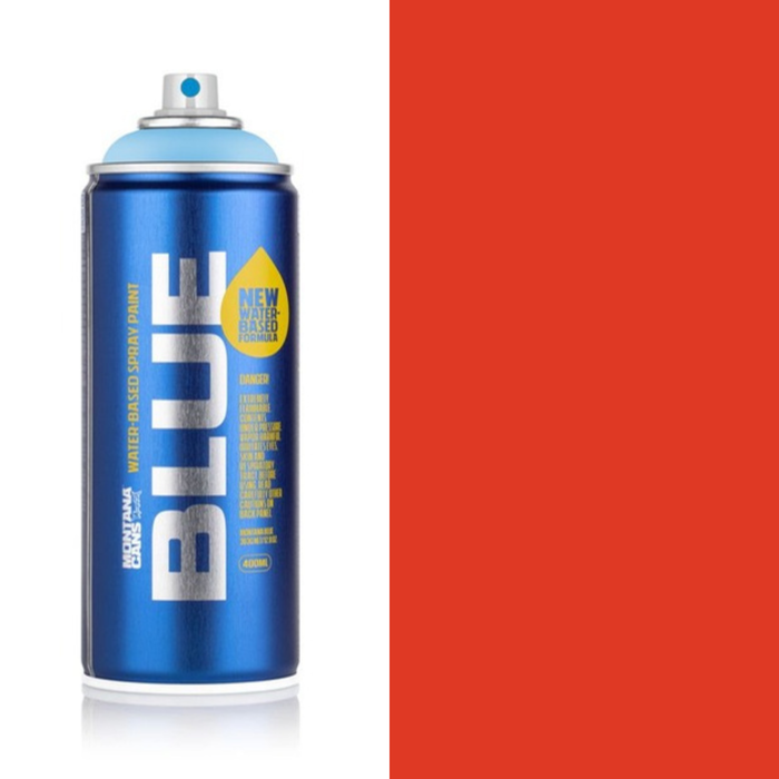 Montana Blue Blood Orange spray paint can, 400ml, half-can half-colour swatch
