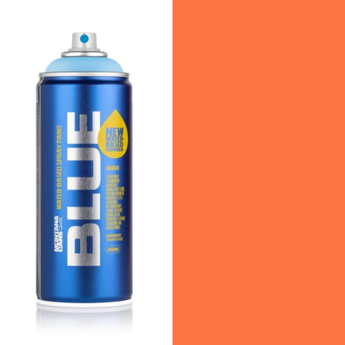 Montana Blue Fluor Orange spray paint can, 400ml, half-can half-colour swatch