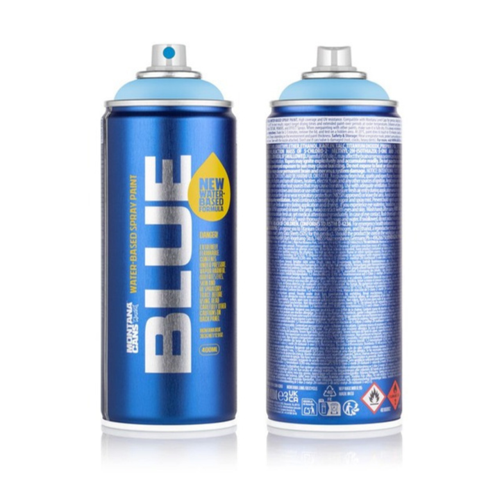 Montana Blue water-based spray paint can, 400ml, blue aerosol with light blue cap