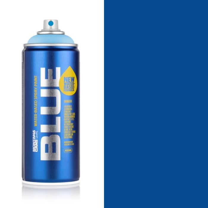 Montana Blue Shock Blue spray paint can, 400ml, half-can half-colour swatch