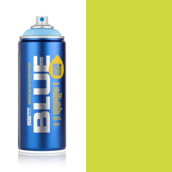 Montana Blue Yellogree spray paint can, 400ml, half-can half-colour swatch