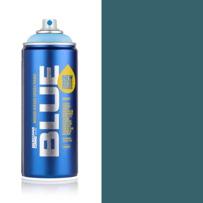 Montana Blue Teal spray paint can, 400ml, half-can half-colour swatch
