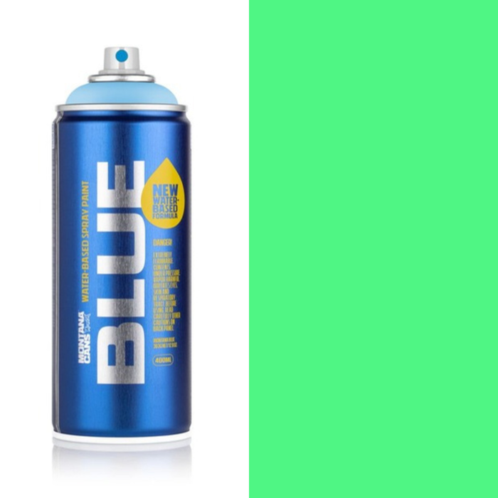 Montana Blue Fluor Green spray paint can, 400ml, half-can half-colour swatch
