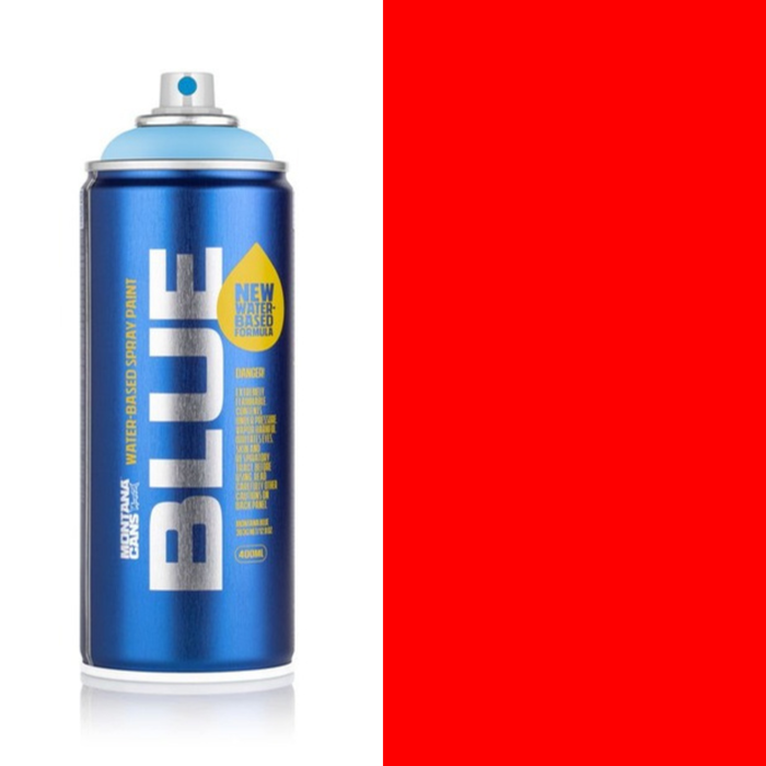 Montana Blue Fluor Red spray paint can, 400ml, half-can half-colour swatch