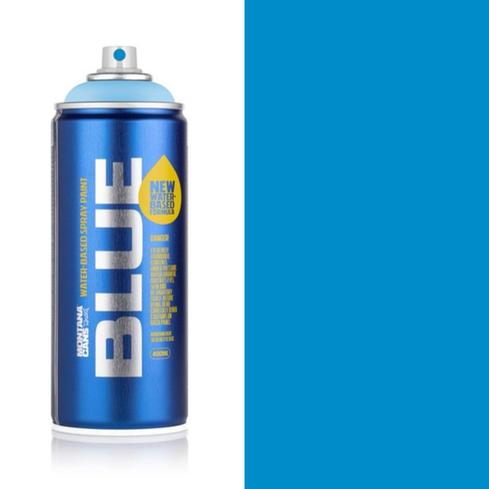 Montana Blue Sky Blue spray paint can, 400ml, half-can half-colour swatch