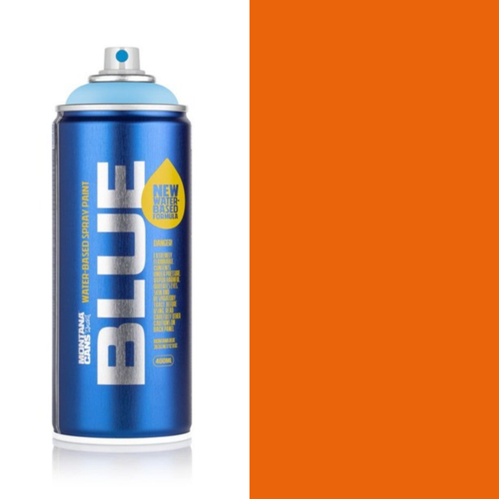 Montana Blue Pure Orange spray paint can, 400ml, half-can half-colour swatch