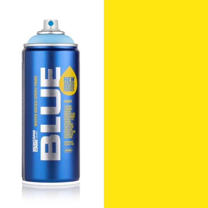 Montana Blue Stuart Yellow spray paint can, 400ml, half-can half-colour swatch