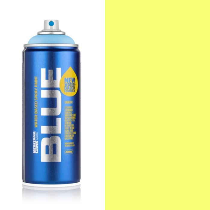 Montana Blue Fluor Yellow spray paint can, 400ml, half-can half-colour swatch