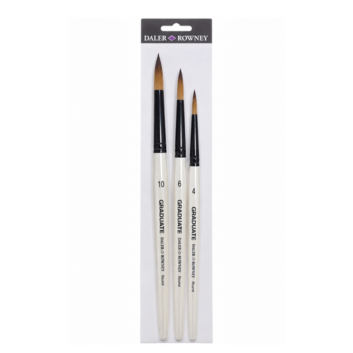A set of three Daler Rowney graduate oil & ink brushes in sizes 10, 6, and 4, packaged in a white cardboard sleeve with a dark gray header.
