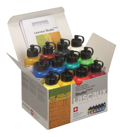 Display of Lascaux Studio paint bottles