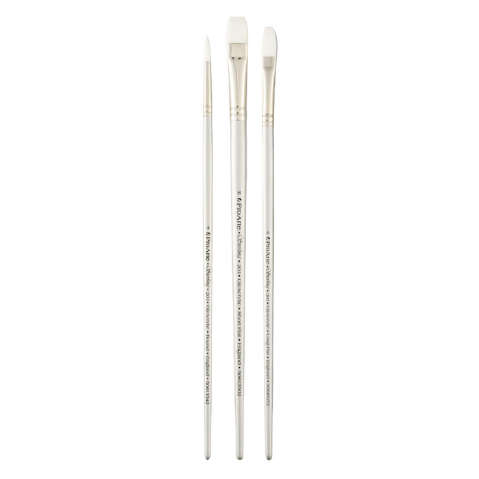 Three paint brushes of different sizes on a gray background