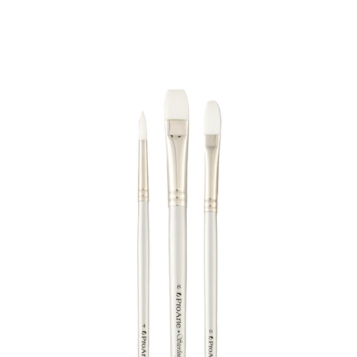 Three paintbrushes with white bristles on a gray background