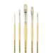 Set of five paintbrushes with wooden handles and metal ferrules on a gray background
