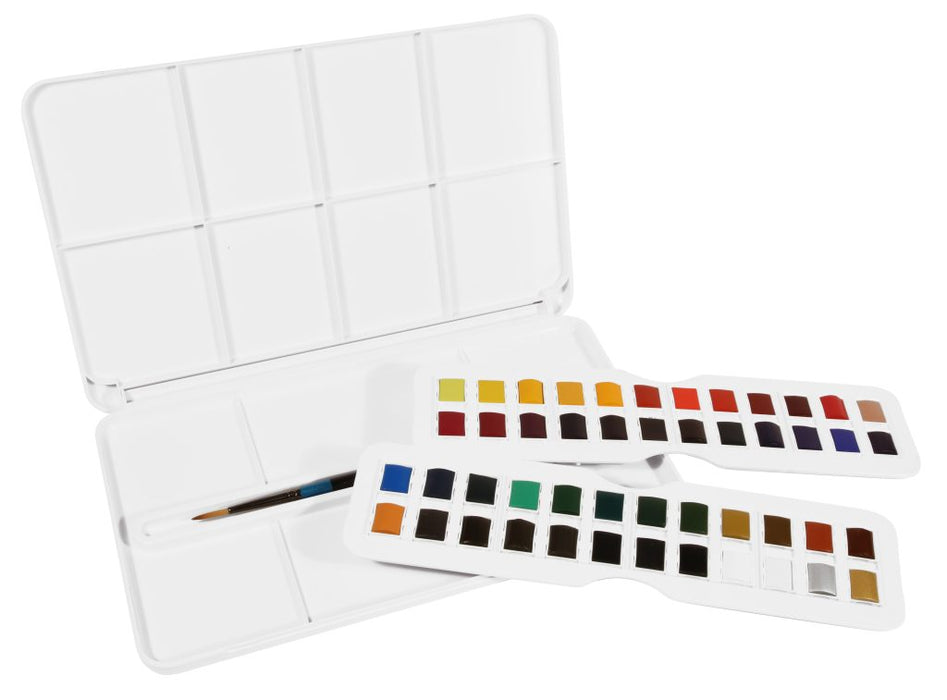 Daler Rowney Aquafine Watercolour Studio Set, open case showing 48 half-pans - Graffiti Gallery