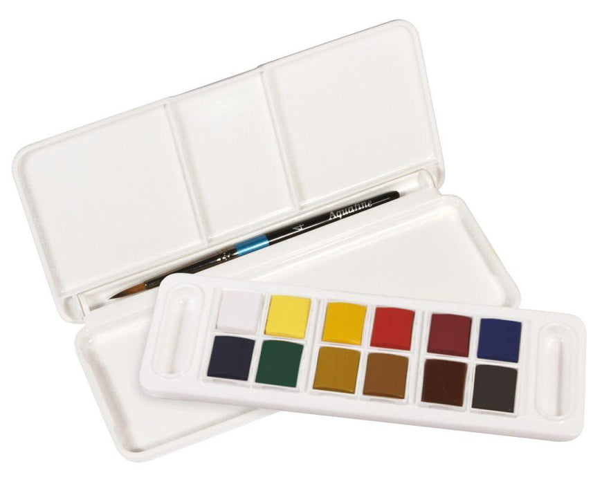 Daler Rowney Aquafine Watercolour Travel Set, open tin showing 12 half-pans and brush - Graffiti Gallery