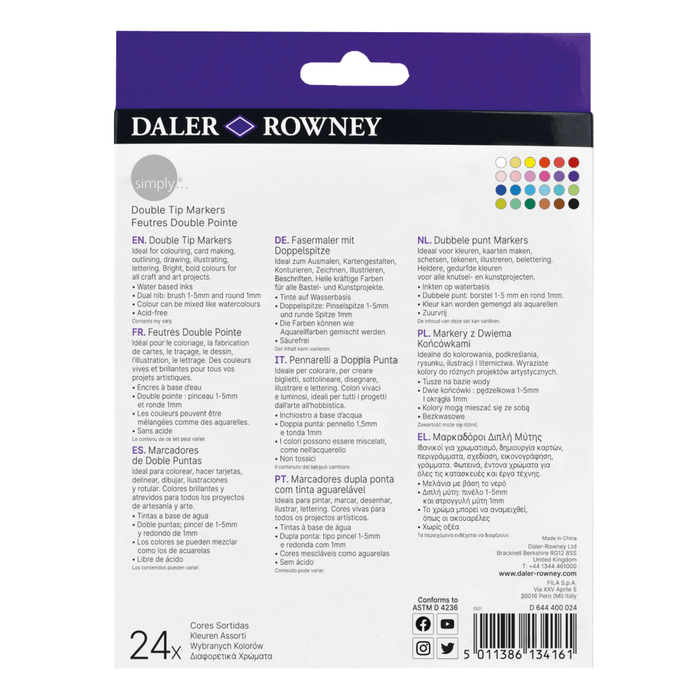 Daler Rowney Simply Double Tip Markers, back of pack showing 24 assorted colours - Graffiti Gallery