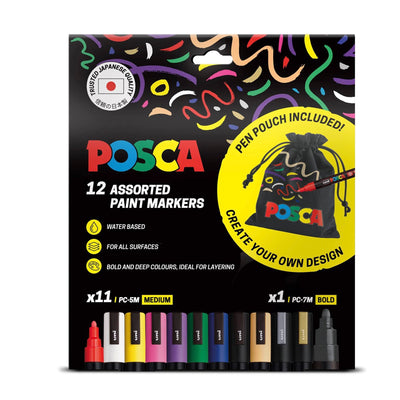 Posca Paint Markers, 12 assorted colours (PC-5M and PC-7M) with pouch - Graffiti Gallery