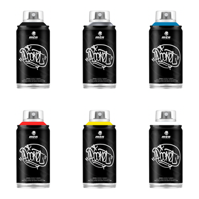 MTN Pocket Cans Pack of 6 - Black, Chrome, Electric Blue, Light Red, Light Yellow, White 150ml spray cans