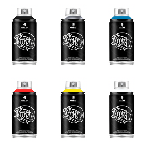 MTN Pocket Cans Pack of 6 - Black, Chrome, Electric Blue, Light Red, Light Yellow, White 150ml spray cans