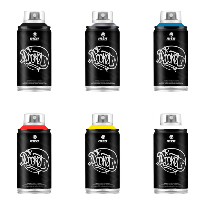 MTN Pocket Cans Pack of 6 - Black, Chrome, Electric Blue, Light Red, Light Yellow, White 150ml spray cans